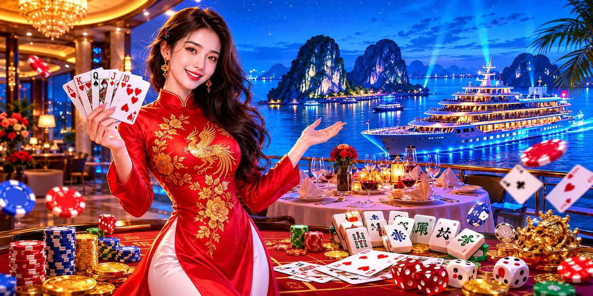 Người dùng mặc áo dài chơi bài tại vịnh Hạ Long trong không gian giải trí sang trọng